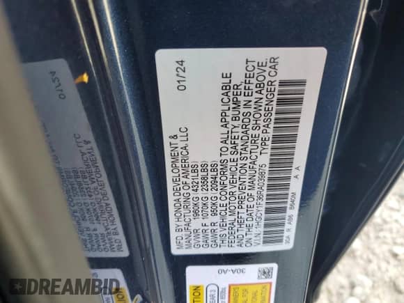 2024 Honda Accord EX z VIN 1HGCY1F36RA039875, wystawiony jako Copart lot #75503804 z przebiegiem 45 091 mil mil oraz Szkoda całkowita • Salvage title. Historia ofert i sprzedaży dostępna na DreamBid. Obrazek 13.