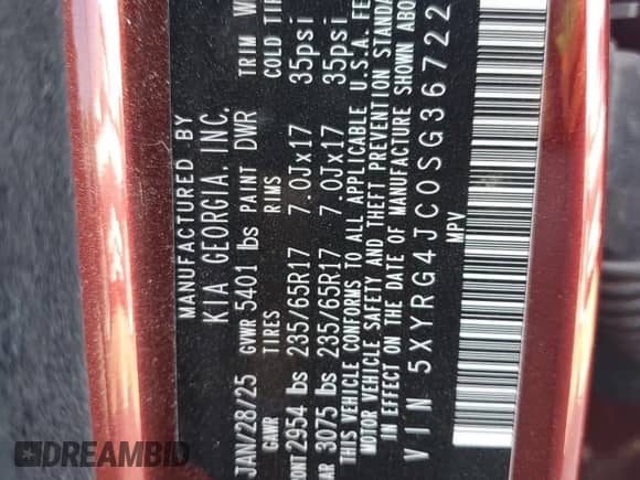 2025 Kia Sorento LX with VIN 5XYRG4JC0SG367223, listed as a Copart auction lot 68381115 with 3,839 mi miles and Salvage title. Bid and sale history available at DreamBid. Image 13.