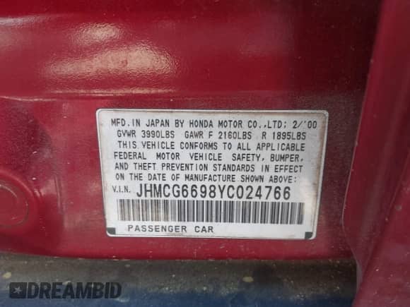 2000 Honda Accord SE с VIN JHMCG6698YC024766, выставлен на аукционе IAAI как лот 42019180 с пробегом 276 362 миль миль и . История ставок и продаж доступна на DreamBid. Изображение 9.