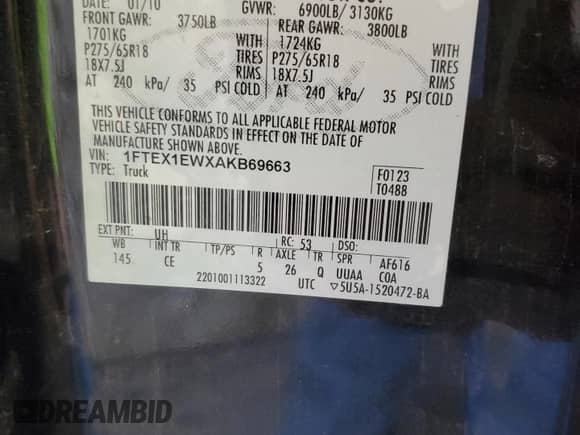 2010 Ford F-150 XL with VIN 1FTEX1EWXAKB69663, listed as a Copart auction lot 85743725 with 230,779 mi miles and Salvage title. Bid and sale history available at DreamBid. Image 12.