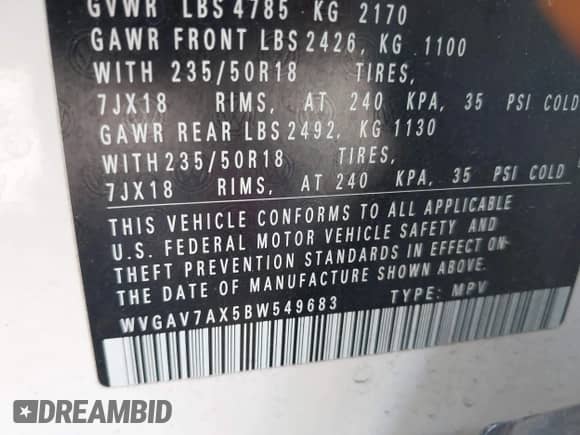 2011 Volkswagen Tiguan S with VIN WVGAV7AX5BW549683, listed as a IAAI auction lot 42131622 with 121,306 mi miles and . Bid and sale history available at DreamBid. Image 9.