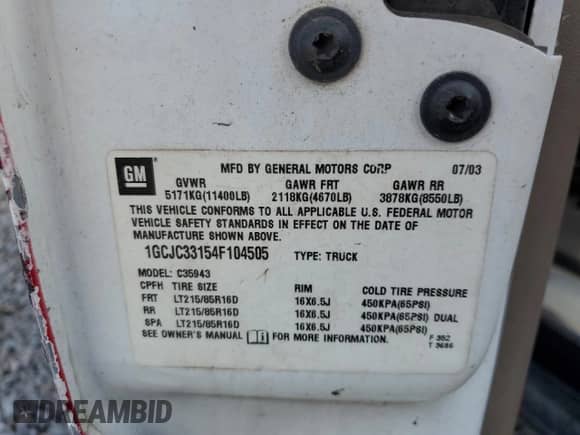 2004 Chevrolet Silverado 3500 с VIN 1GCJC33154F104505, выставлен на аукционе Copart как лот 71030344 с пробегом Не указан миль и Списание • Salvage title. История ставок и продаж доступна на DreamBid. Изображение 10.