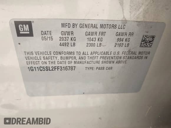 2015 Chevrolet Malibu LT with VIN 1G11C5SL2FF316787, listed as a IAAI auction lot 42870826 with 186,068 mi miles and . Bid and sale history available at DreamBid. Image 9.