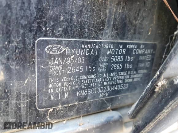 2003 Hyundai Santa Fe GLS with VIN KM8SC13D23U443523, listed as a Copart auction lot 90942585 with 283,937 mi miles and Clean title. Bid and sale history available at DreamBid. Image 13.