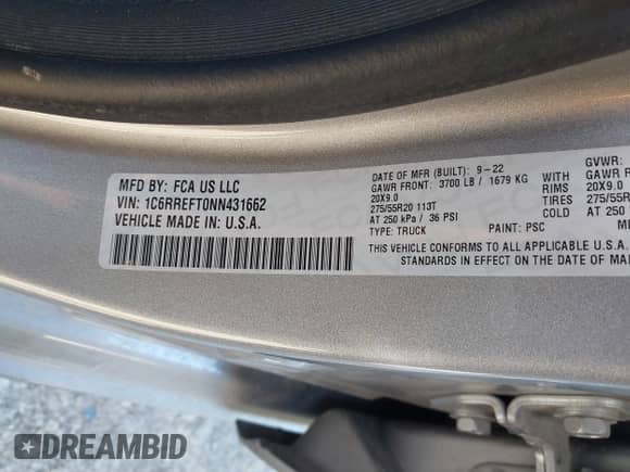 2022 Ram 1500 Big Horn с VIN 1C6RREFT0NN431662, выставлен на аукционе IAAI как лот 41089932 с пробегом 44 138 миль миль и . История ставок и продаж доступна на DreamBid. Изображение 9.