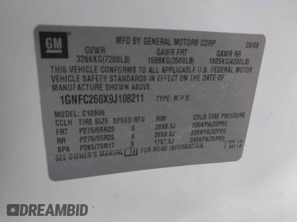 2009 Chevrolet Suburban 1LT z VIN 1GNFC260X9J108211, wystawiony jako IAAI lot #42237663 z przebiegiem Nie podano mil oraz . Historia ofert i sprzedaży dostępna na DreamBid. Obrazek 9.