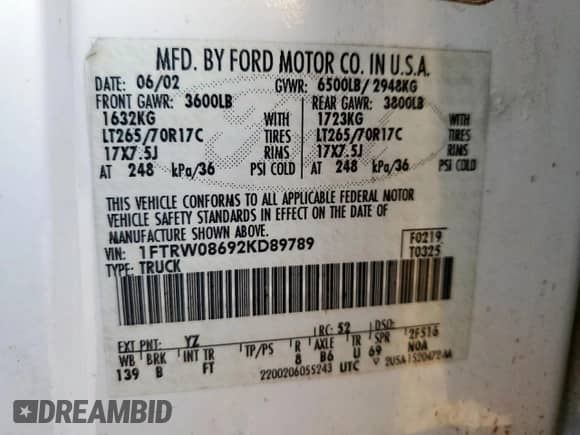 2002 Ford F-150 XLT с VIN 1FTRW08692KD89789, выставлен на аукционе Copart как лот 52621555 с пробегом 150 012 миль миль и Списание • Salvage title. История ставок и продаж доступна на DreamBid. Изображение 13.