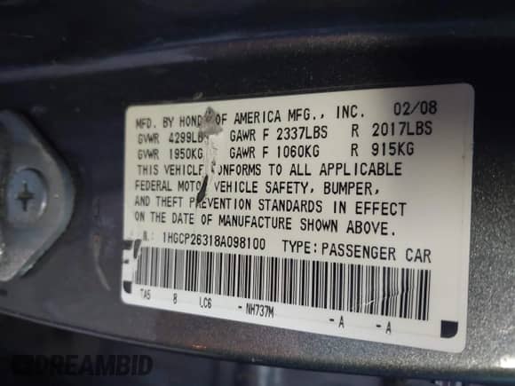 2008 Honda Accord LX с VIN 1HGCP26318A098100, выставлен на аукционе IAAI как лот 43497657 с пробегом 268 821 миль миль и . История ставок и продаж доступна на DreamBid. Изображение 9.