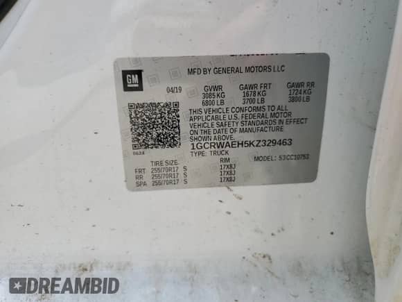 2019 Chevrolet Silverado 1500 Work Truck z VIN 1GCRWAEH5KZ329463, wystawiony jako Copart lot #66695655 z przebiegiem 71 406 mil mil oraz Szkoda całkowita • Salvage title. Historia ofert i sprzedaży dostępna na DreamBid. Obrazek 12.