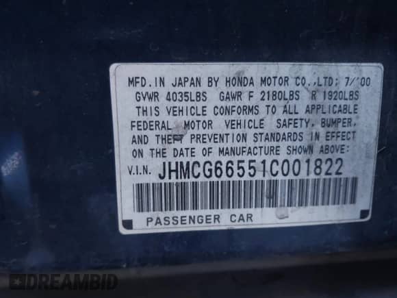 2001 Honda Accord LX с VIN JHMCG66551C001822, выставлен на аукционе IAAI как лот 43502667 с пробегом 251 038 миль миль и . История ставок и продаж доступна на DreamBid. Изображение 9.