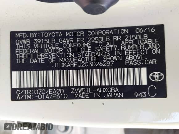 2016 Toyota Prius Four z VIN JTDKARFU2G3026287, wystawiony jako IAAI lot #42527258 z przebiegiem 50 149 mil mil oraz . Historia ofert i sprzedaży dostępna na DreamBid. Obrazek 9.