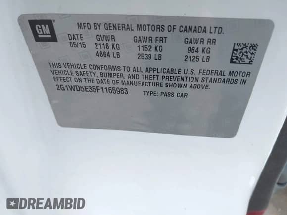 2015 Chevrolet Impala Police Police with VIN 2G1WD5E35F1165983, listed as a IAAI auction lot 41969158 with 137,779 mi miles and . Bid and sale history available at DreamBid. Image 9.