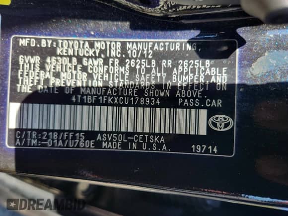 2012 Toyota Camry L с VIN 4T1BF1FKXCU178934, выставлен на аукционе Copart как лот 84972575 с пробегом 78 201 миль миль и Списание • Salvage title. История ставок и продаж доступна на DreamBid. Изображение 12.