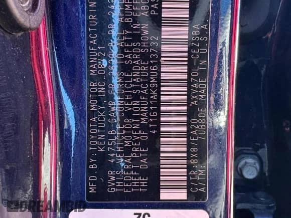 2021 Toyota Camry SE с VIN 4T1G11AK9MU613732, выставлен на аукционе Copart как лот 89445525 с пробегом 107 380 миль миль и Чистый • Clean title. История ставок и продаж доступна на DreamBid. Изображение 10.