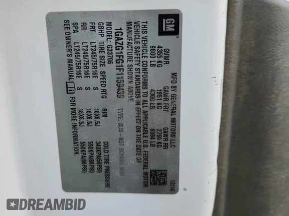 2015 Chevrolet Express Passenger LT с VIN 1GAZG1FG1F1159439, выставлен на аукционе Copart как лот 63643085 с пробегом Не указан миль и Списание • Salvage title. История ставок и продаж доступна на DreamBid. Изображение 13.