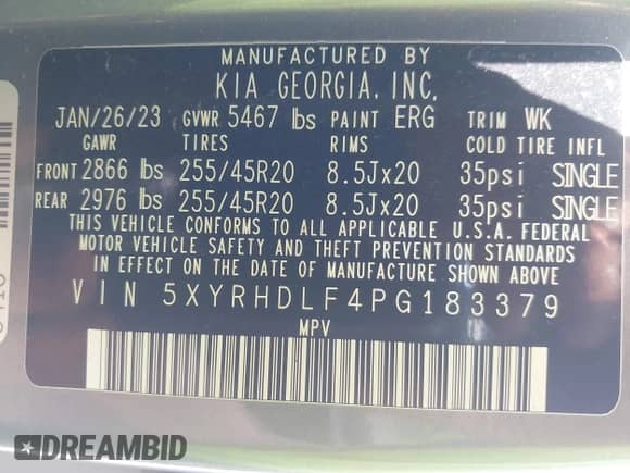 2023 Kia Sorento X-Line EX with VIN 5XYRHDLF4PG183379, listed as a IAAI auction lot 42389949 with 57,611 mi miles and . Bid and sale history available at DreamBid. Image 9.