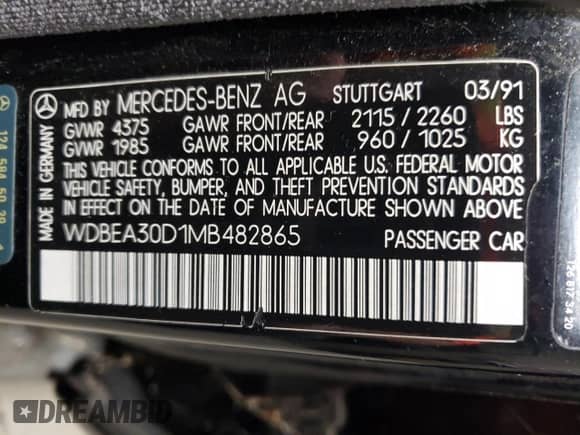 1991 Mercedes-Benz 300 E with VIN WDBEA30D1MB482865, listed as a Copart auction lot 66661345 with 199,499 mi miles and Clean title. Bid and sale history available at DreamBid. Image 13.