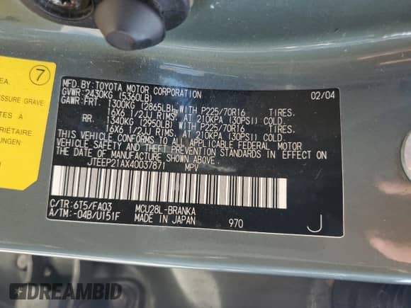 2004 Toyota Highlander с VIN JTEEP21AX40037871, выставлен на аукционе Copart как лот 81948385 с пробегом 195 178 миль миль и Списание • Salvage title. История ставок и продаж доступна на DreamBid. Изображение 12.