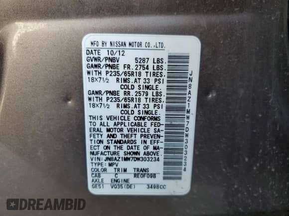 2013 Nissan Murano SV z VIN JN8AZ1MW7DW303234, wystawiony jako Copart lot #84010825 z przebiegiem 128 911 mil mil oraz Szkoda całkowita • Salvage title. Historia ofert i sprzedaży dostępna na DreamBid. Obrazek 13.