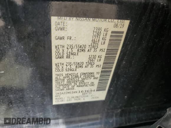 2019 Nissan Murano SL z VIN 5N1AZ2MS1KN163694, wystawiony jako Copart lot #60787395 z przebiegiem 88 438 mil mil oraz Szkoda całkowita • Salvage title. Historia ofert i sprzedaży dostępna na DreamBid. Obrazek 13.