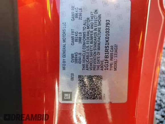 2019 Chevrolet Camaro 1LT с VIN 1G1FB1RS1K0103793, выставлен на аукционе Copart как лот 85872755 с пробегом 94 606 миль миль и На запчасти • Non repairable. История ставок и продаж доступна на DreamBid. Изображение 12.