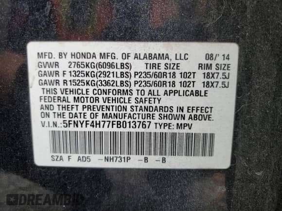 2015 Honda Pilot EX-L with VIN 5FNYF4H77FB013767, listed as a Copart auction lot 56992085 with 106,392 mi miles and Salvage title. Bid and sale history available at DreamBid. Image 14.