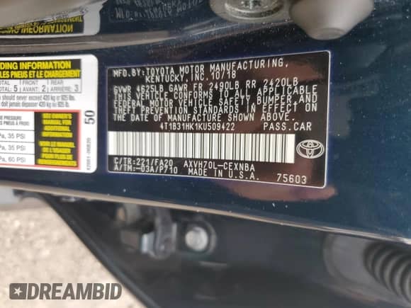 2019 Toyota Camry Hybrid LE с VIN 4T1B31HK1KU509422, выставлен на аукционе Copart как лот 86729355 с пробегом 63 027 миль миль и Списание • Salvage title. История ставок и продаж доступна на DreamBid. Изображение 12.