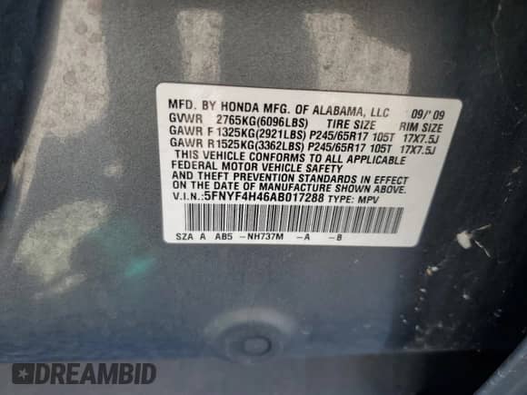 2010 Honda Pilot EX with VIN 5FNYF4H46AB017288, listed as a Copart auction lot 81280665 with 262,161 mi miles and Clean title. Bid and sale history available at DreamBid. Image 13.