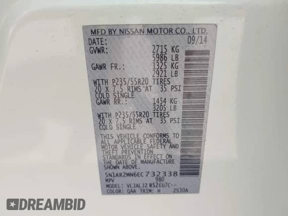 2014 Nissan Pathfinder Platinum with VIN 5N1AR2MN6EC732338, listed as a IAAI auction lot 42972442 with 138,900 mi miles and . Bid and sale history available at DreamBid. Image 9.