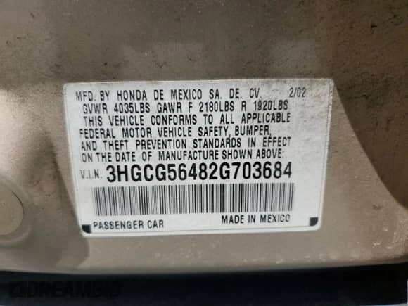 2002 Honda Accord LX с VIN 3HGCG56482G703684, выставлен на аукционе Copart как лот 80199695 с пробегом 149 696 миль миль и Списание • Salvage title. История ставок и продаж доступна на DreamBid. Изображение 12.