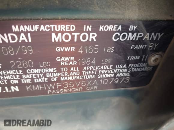 1999 Hyundai Sonata GLS with VIN KMHWF35V6XA107973, listed as a IAAI auction lot 42119318 with 174,231 mi miles and . Bid and sale history available at DreamBid. Image 9.