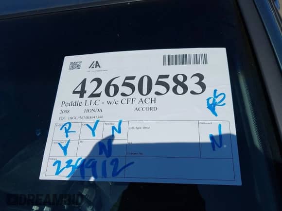 2008 Honda Accord EX z VIN 1HGCP36748A047344, wystawiony jako IAAI lot #42650583 z przebiegiem 239 912 mil mil oraz . Historia ofert i sprzedaży dostępna na DreamBid. Obrazek 12.