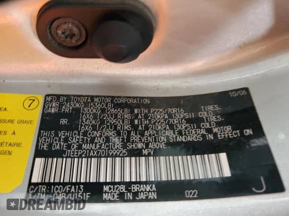 2007 Toyota Highlander Limited z VIN JTEEP21AX70199925, wystawiony jako Copart lot #81307655 z przebiegiem 102 358 mil mil oraz Szkoda całkowita • Salvage title. Historia ofert i sprzedaży dostępna na DreamBid. Obrazek 14.