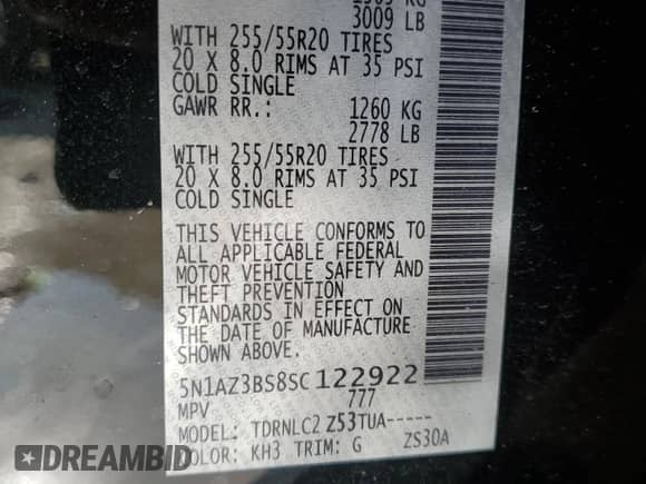 2025 Nissan Murano SV with VIN 5N1AZ3BS8SC122922, listed as a Copart auction lot 67761155 with 2,580 mi miles and Non repairable. Bid and sale history available at DreamBid. Image 14.