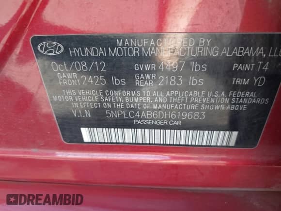 2013 Hyundai Sonata SE with VIN 5NPEC4AB6DH619683, listed as a IAAI auction lot 43511454 with 185,039 mi miles and . Bid and sale history available at DreamBid. Image 9.