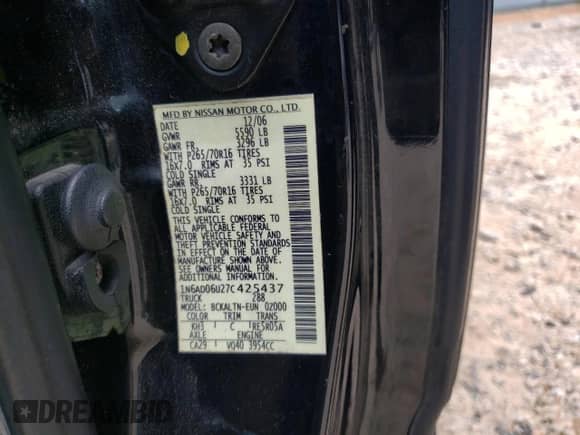 2007 Nissan Frontier SE with VIN 1N6AD06U27C425437, listed as a Copart auction lot 62913935 with 200,906 mi miles and Salvage title. Bid and sale history available at DreamBid. Image 12.