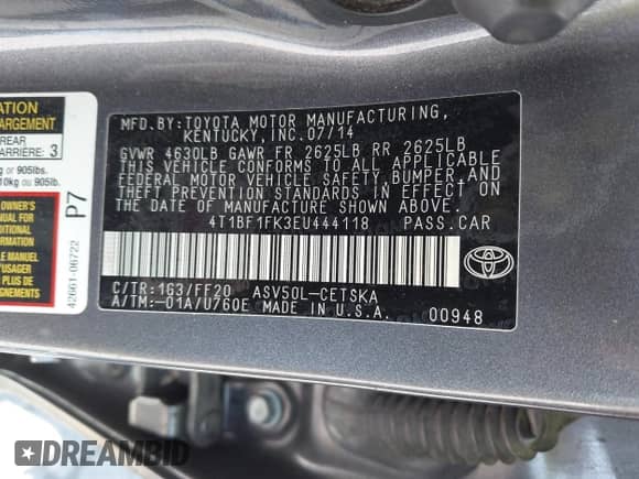 2014 Toyota Camry L with VIN 4T1BF1FK3EU444118, listed as a IAAI auction lot 43153679 with 184,941 mi miles and . Bid and sale history available at DreamBid. Image 9.