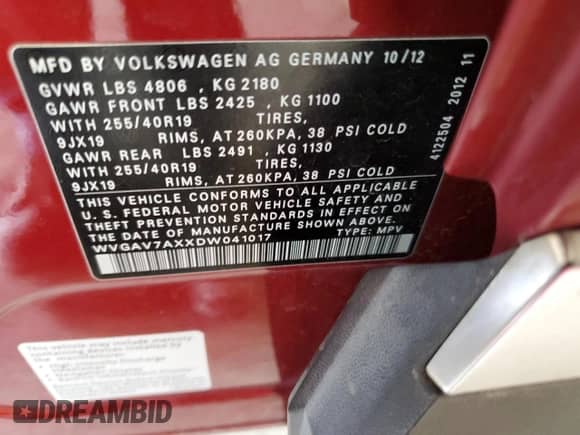 2013 Volkswagen Tiguan SE с VIN WVGAV7AXXDW041017, выставлен на аукционе Copart как лот 58734495 с пробегом 76 974 миль миль и Списание • Salvage title. История ставок и продаж доступна на DreamBid. Изображение 13.