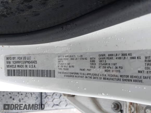 2023 Ram 1500 Tradesman z VIN 1C6RRFCG9PN546423, wystawiony jako IAAI lot #41953444 z przebiegiem 110 457 mil mil oraz . Historia ofert i sprzedaży dostępna na DreamBid. Obrazek 9.