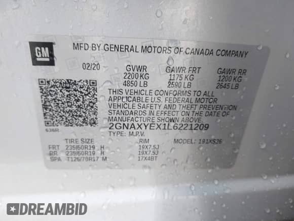 2020 Chevrolet Equinox Premier с VIN 2GNAXYEX1L6221209, выставлен на аукционе IAAI как лот 42082597 с пробегом 50 595 миль миль и . История ставок и продаж доступна на DreamBid. Изображение 9.