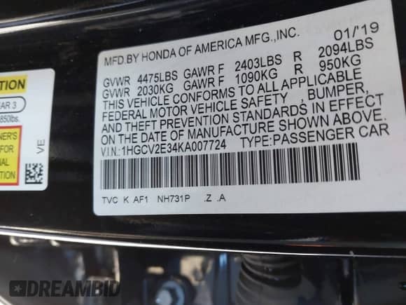2019 Honda Accord Sport with VIN 1HGCV2E34KA007724, listed as a IAAI auction lot 43461286 with 134,155 mi miles and . Bid and sale history available at DreamBid. Image 9.