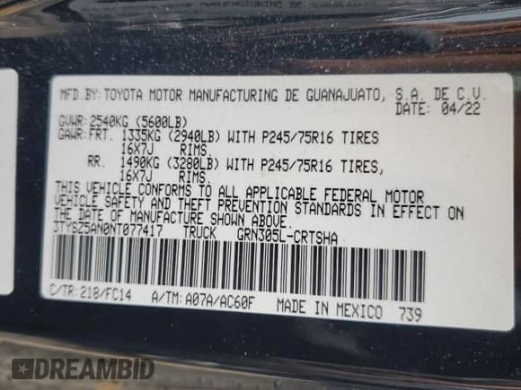 2022 Toyota Tacoma SR z VIN 3TYSZ5AN0NT077417, wystawiony jako Copart lot #62022335 z przebiegiem 9 254 mil mil oraz Nie do naprawy • Non repairable. Historia ofert i sprzedaży dostępna na DreamBid. Obrazek 12.