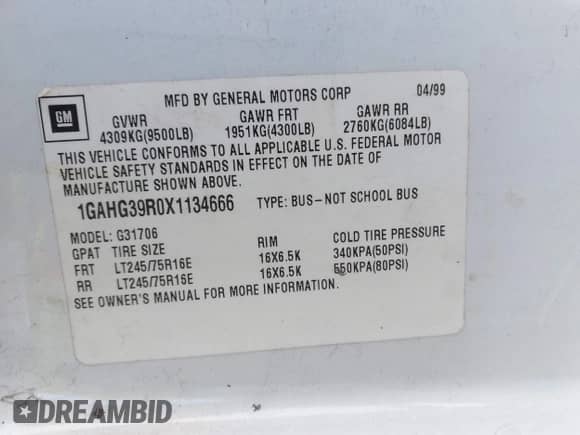 1999 Chevrolet Express с VIN 1GAHG39R0X1134666, выставлен на аукционе IAAI как лот 43553124 с пробегом 257 775 миль миль и . История ставок и продаж доступна на DreamBid. Изображение 9.