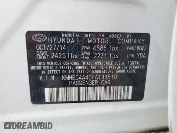 2015 Hyundai Sonata with VIN KMHEC4A40FA133510, listed as a Copart auction lot 65052275 with 140,989 mi miles and Salvage title. Bid and sale history available at DreamBid. Image 12.