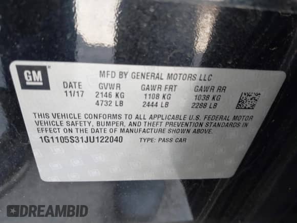 2018 Chevrolet Impala LT with VIN 1G1105S31JU122040, listed as a IAAI auction lot 41863133 with Not provided miles and . Bid and sale history available at DreamBid. Image 9.