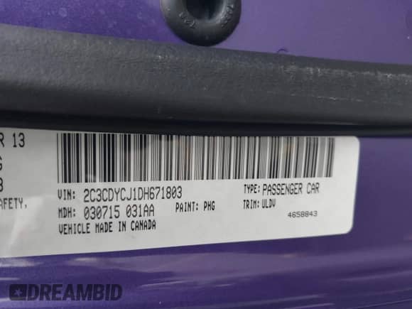2013 Dodge Challenger SRT-8 with VIN 2C3CDYCJ1DH671803, listed as a IAAI auction lot 41157848 with 20,057 mi miles and . Bid and sale history available at DreamBid. Image 9.
