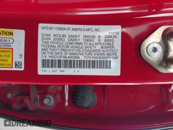 2020 Honda Accord Sport with VIN 1HGCV2F39LA003894, listed as a IAAI auction lot 43268758 with 80,820 mi miles and . Bid and sale history available at DreamBid. Image 9.
