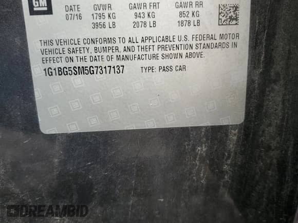 2016 Chevrolet Cruze Premier с VIN 1G1BG5SM5G7317137, выставлен на аукционе Copart как лот 59510405 с пробегом 196 139 миль миль и Списание • Salvage title. История ставок и продаж доступна на DreamBid. Изображение 12.