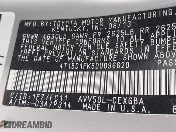 2013 Toyota Camry LE z VIN 4T1BD1FK5DU096620, wystawiony jako IAAI lot #43070799 z przebiegiem Nie podano mil oraz . Historia ofert i sprzedaży dostępna na DreamBid. Obrazek 9.