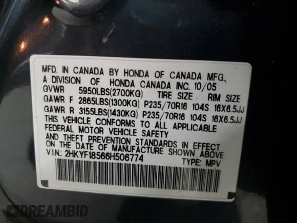 2006 Honda Pilot EX-L with VIN 2HKYF18566H506774, listed as a Copart auction lot 87301165 with 224,228 mi miles and Clean title. Bid and sale history available at DreamBid. Image 13.